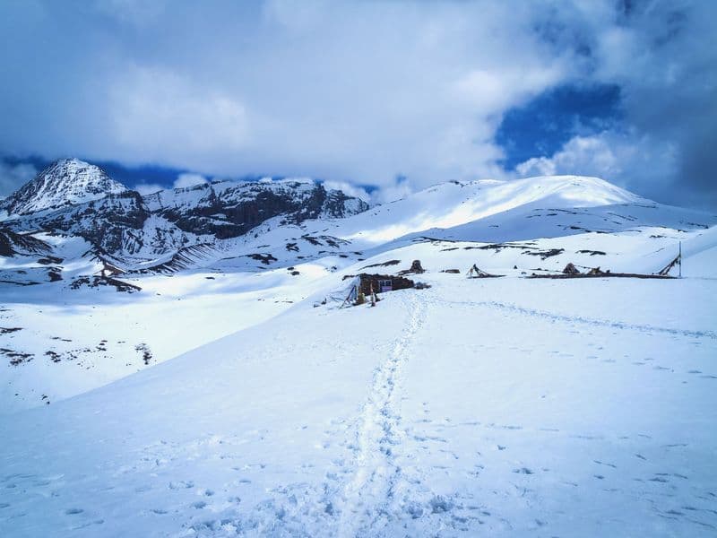Breathtaking snowy landscape of Manang in Nepal's Himalayas. Ideal for adventure or travel themes.