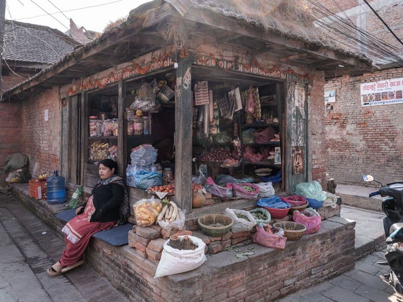 A small roadside shop selling local produce in Bhaktapur, Nepal.