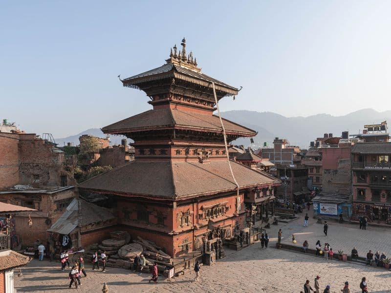 Aerial view of Nyatapola Temple in Bhaktapur, showcasing traditional Newari architecture.