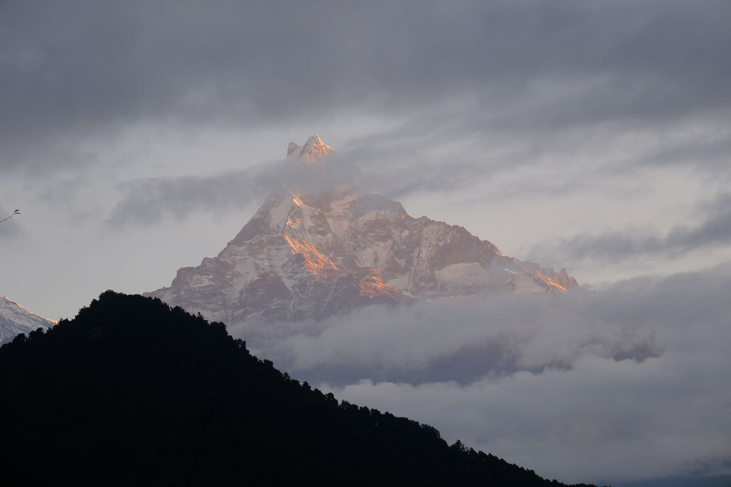 Scenic view of a mountain peak above clouds at sunrise in serene landscape.