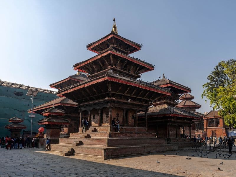 Explore the intricate architecture of a historic temple in Kathmandu's Durbar Square.