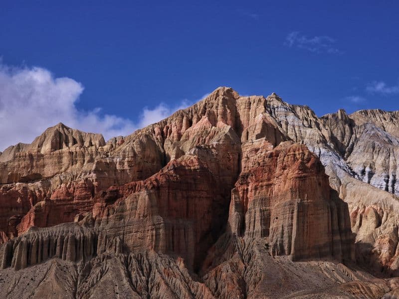 Breathtaking rock formations under a blue sky in Lo Manthang, Nepal.