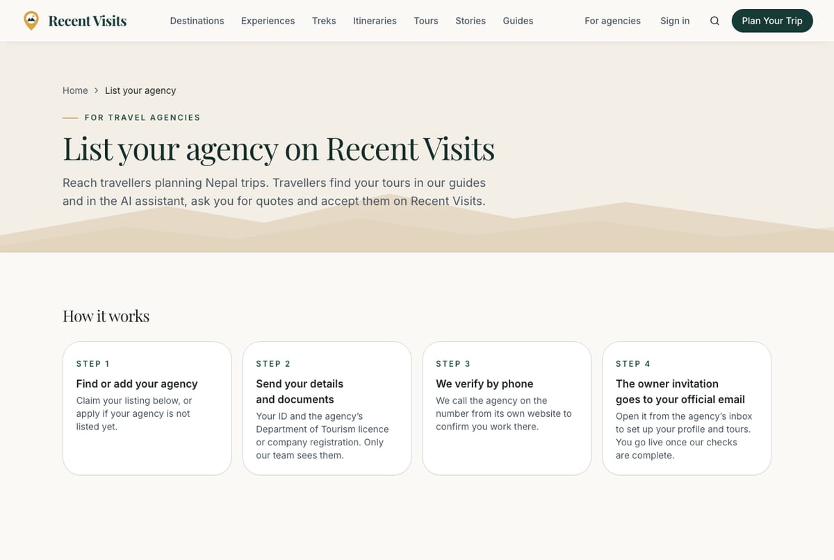 The List your agency page: how listing works, a search box to find your agency and the plans table.
