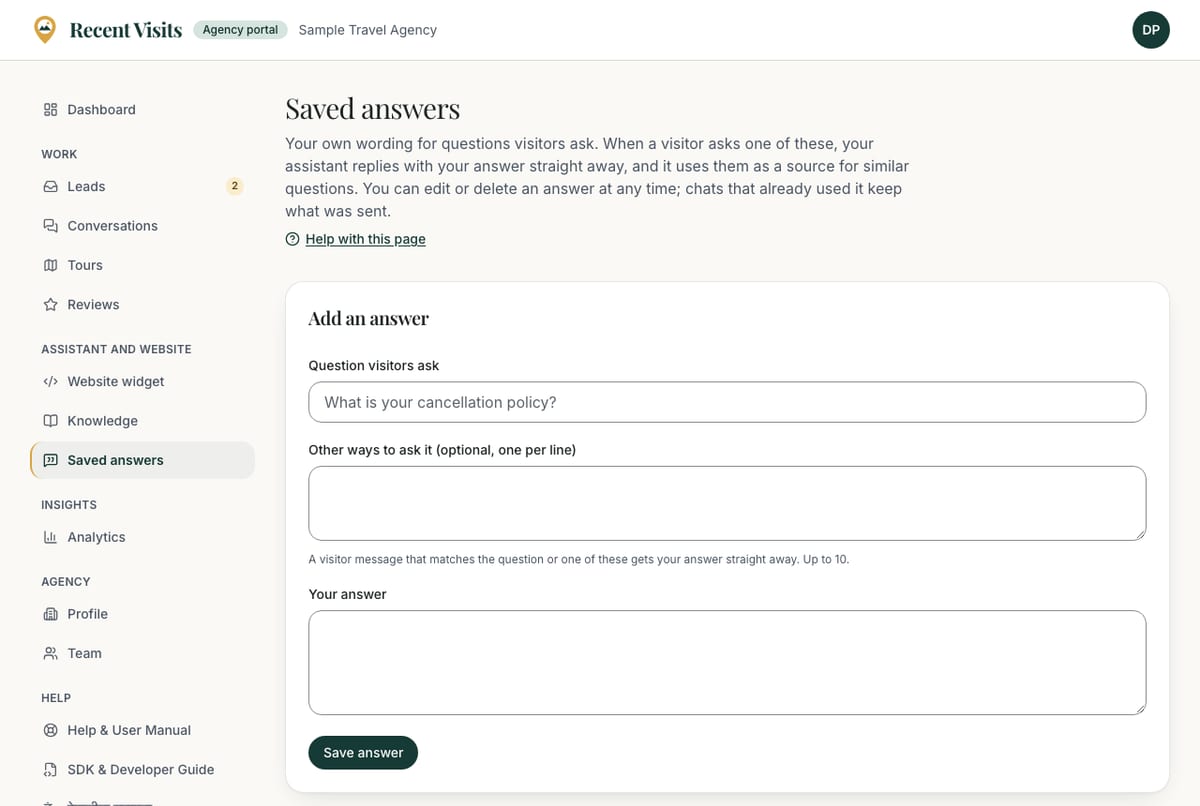 The Saved answers page, with boxes for a question visitors ask, other ways to ask it and your answer.