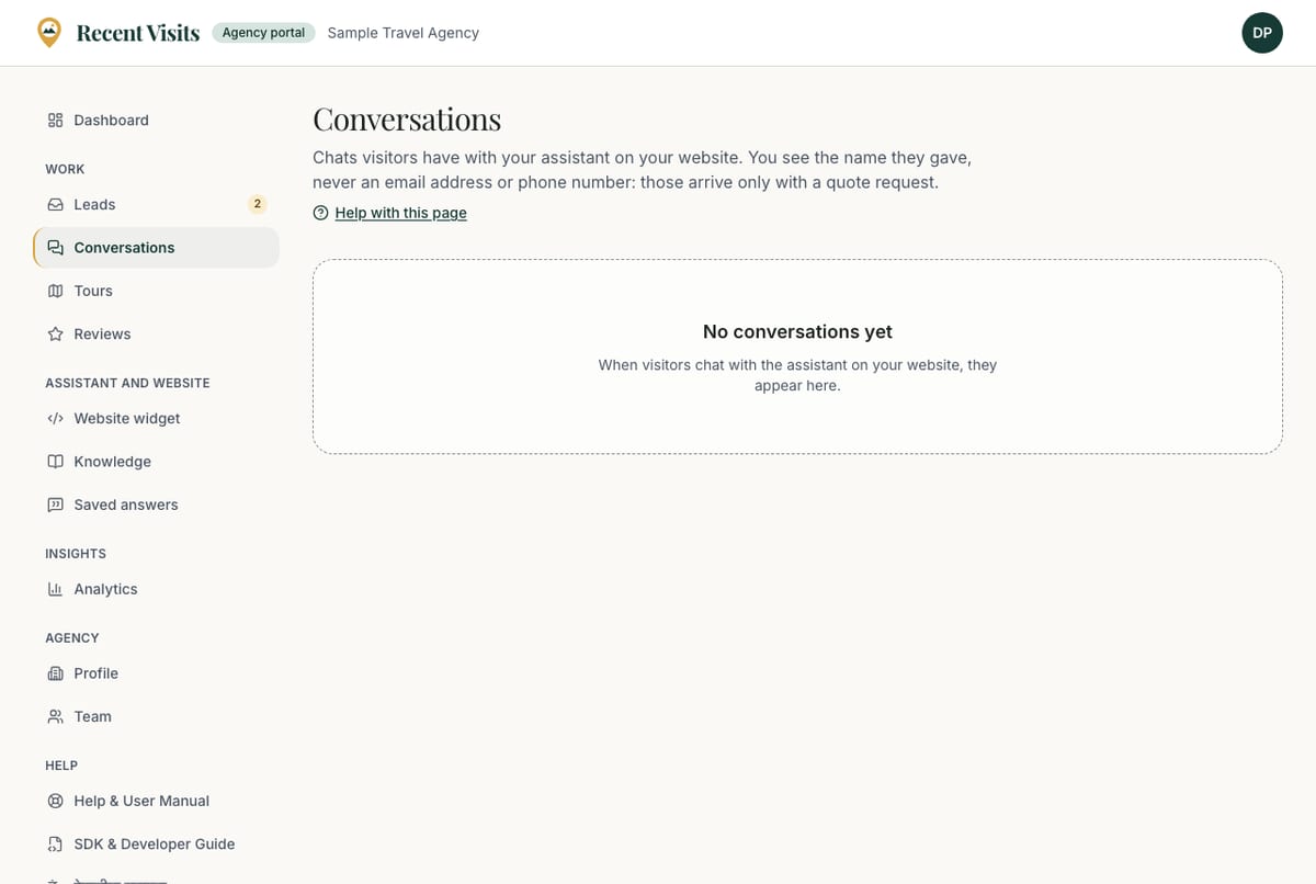 The Conversations page, which lists chats visitors had with the assistant on the agency website. It is empty until a visitor chats.
