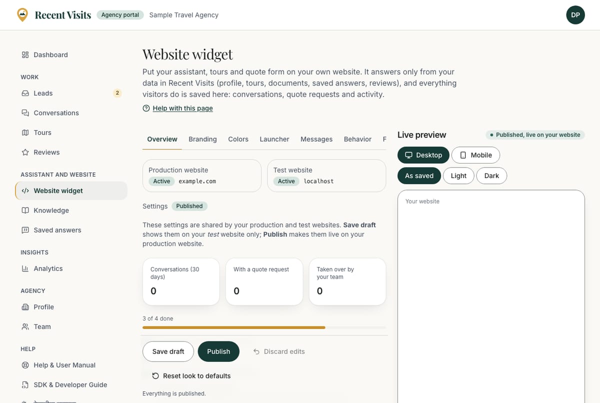The Website widget page in the agency portal with the environment cards and the Widget Studio tabs.