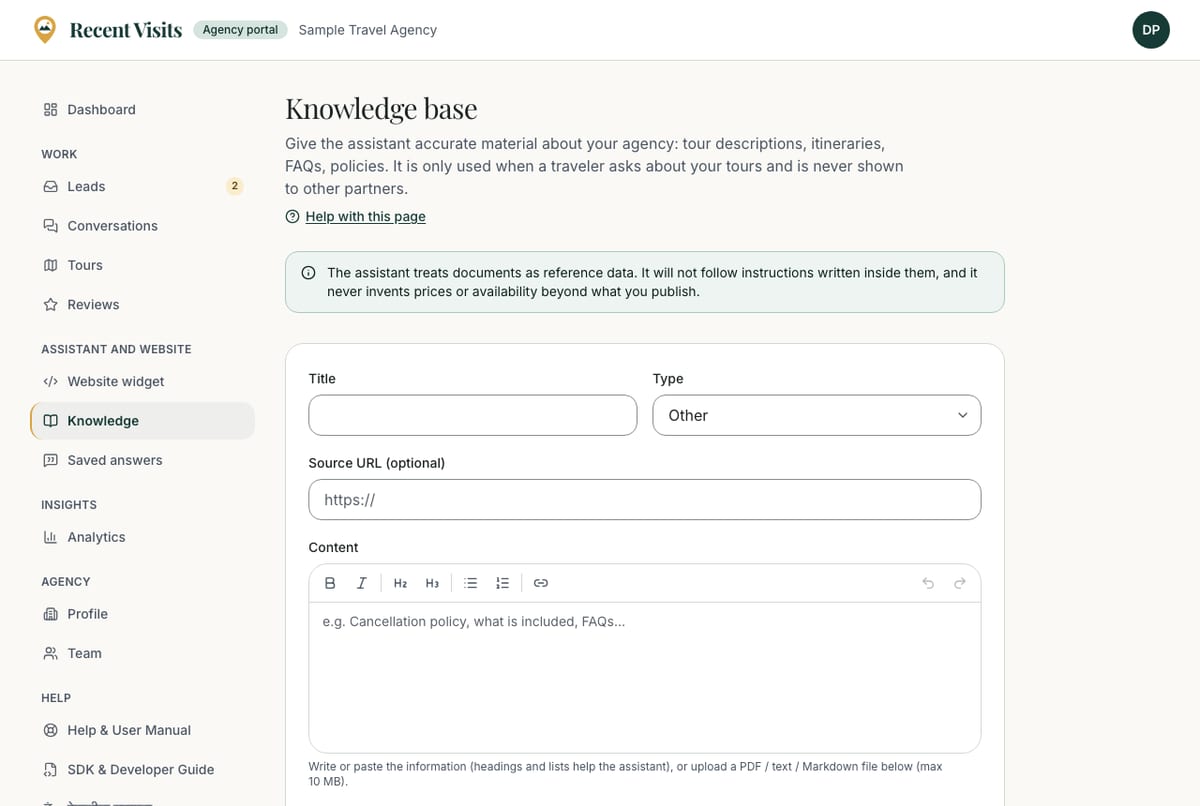 The Knowledge base page, where an agency adds documents the assistant may use: title, type, content and an optional file.