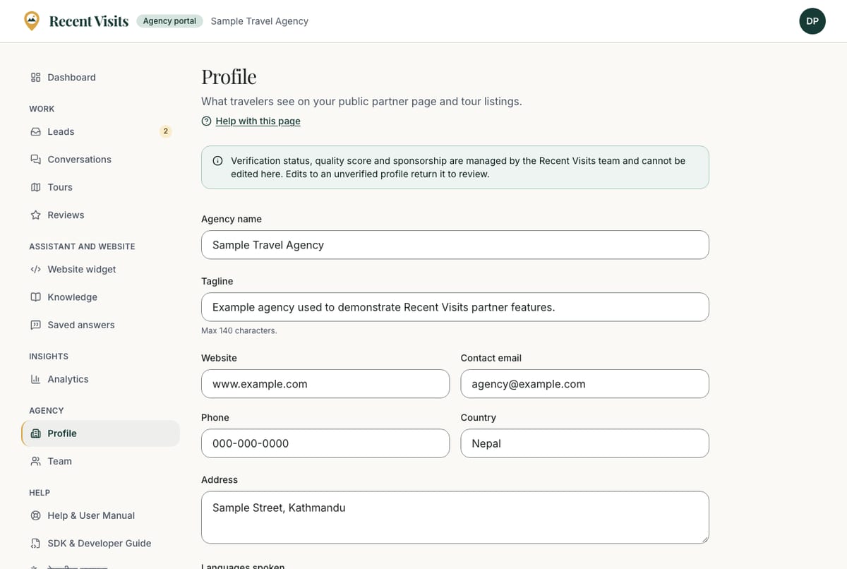 The agency profile page in the portal, with boxes for the agency name, tagline, website, contact details and languages.