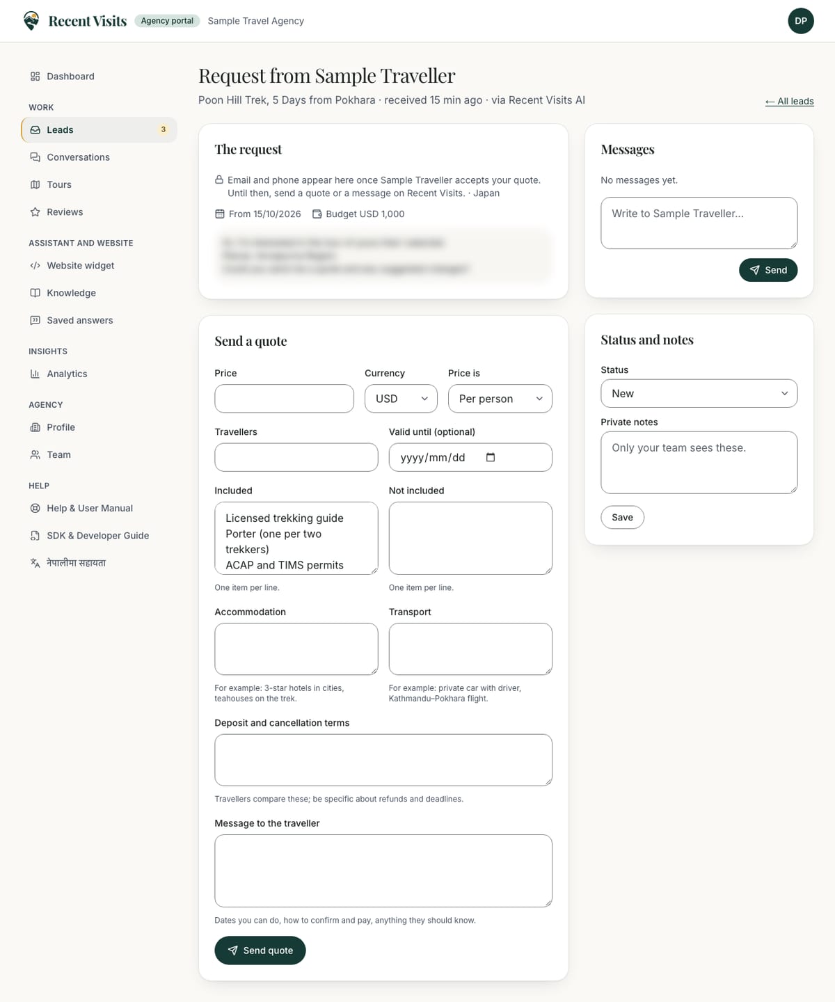 The request page with the quote form: price, validity, what is included and excluded, and a message.