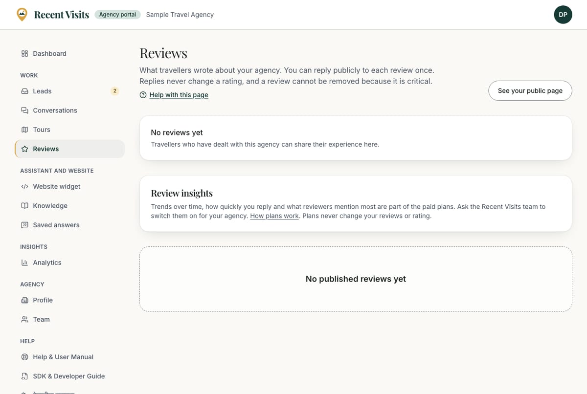 The Reviews page in the agency portal, where reviews of the agency appear and the agency can reply once.