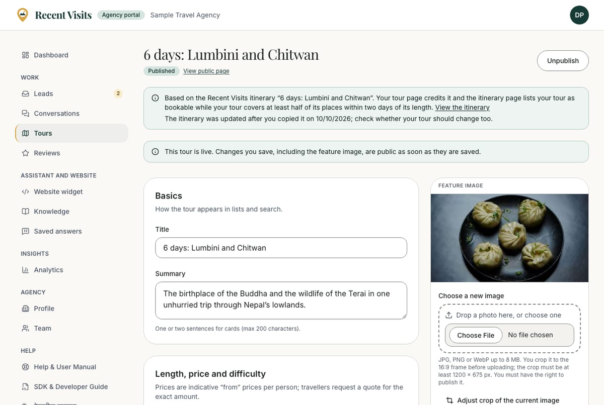 The edit page of a published tour with its photos, the readiness checklist and the Unpublish button.