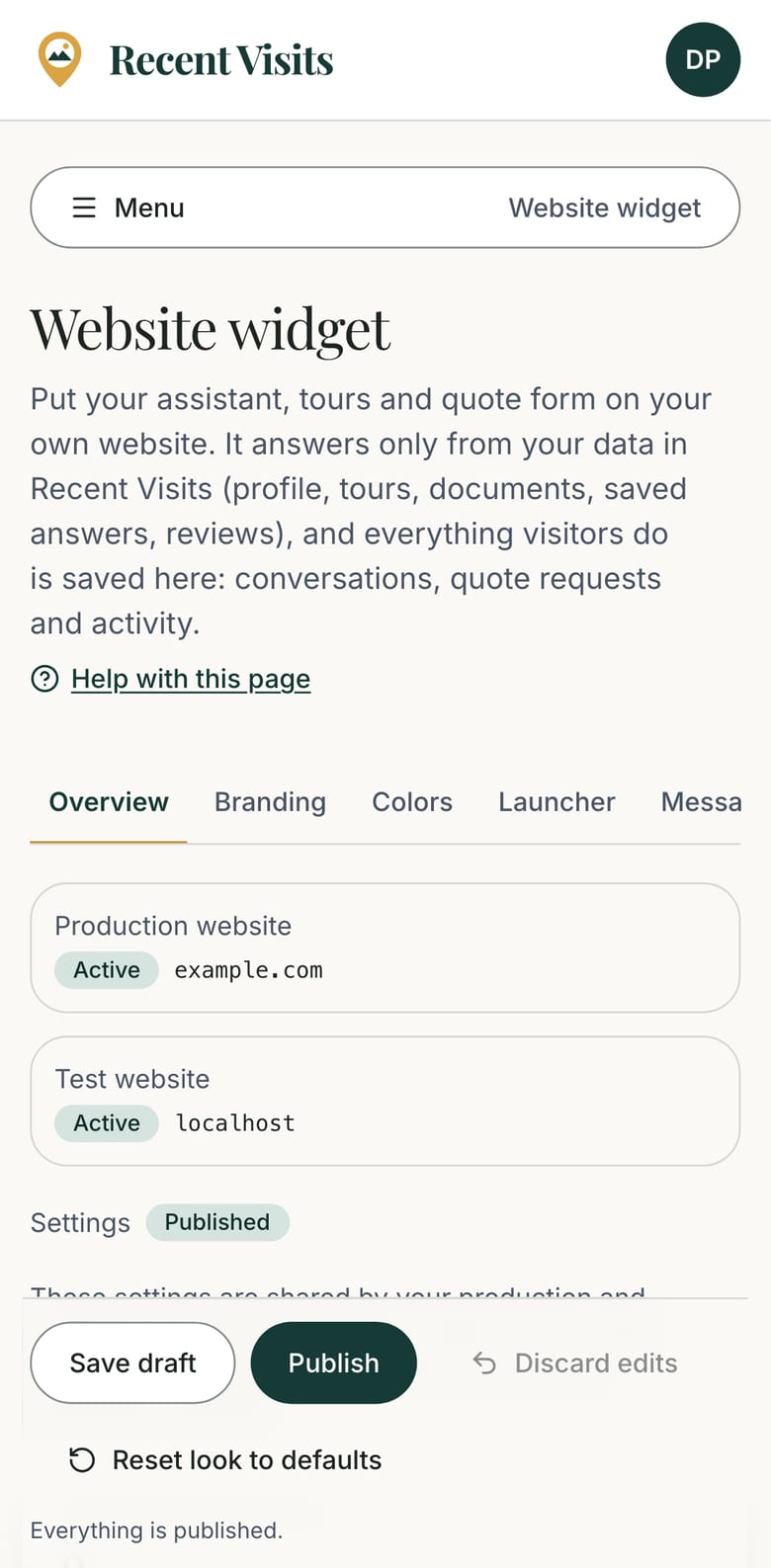 The widget studio on a phone, with the section tabs at the top that scroll sideways.