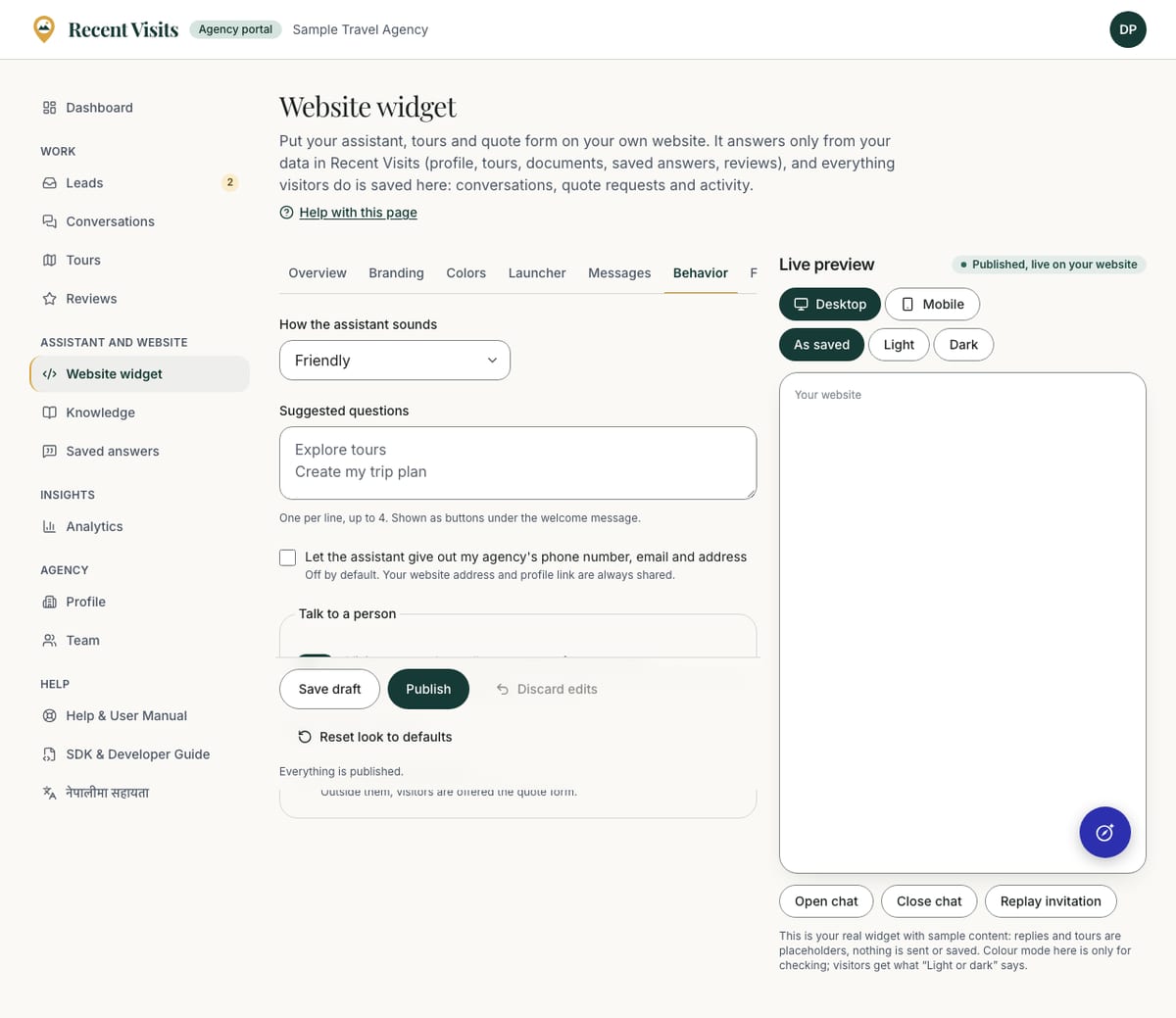 The Behavior tab of Widget Studio with its fields on the left and the live preview on the right.