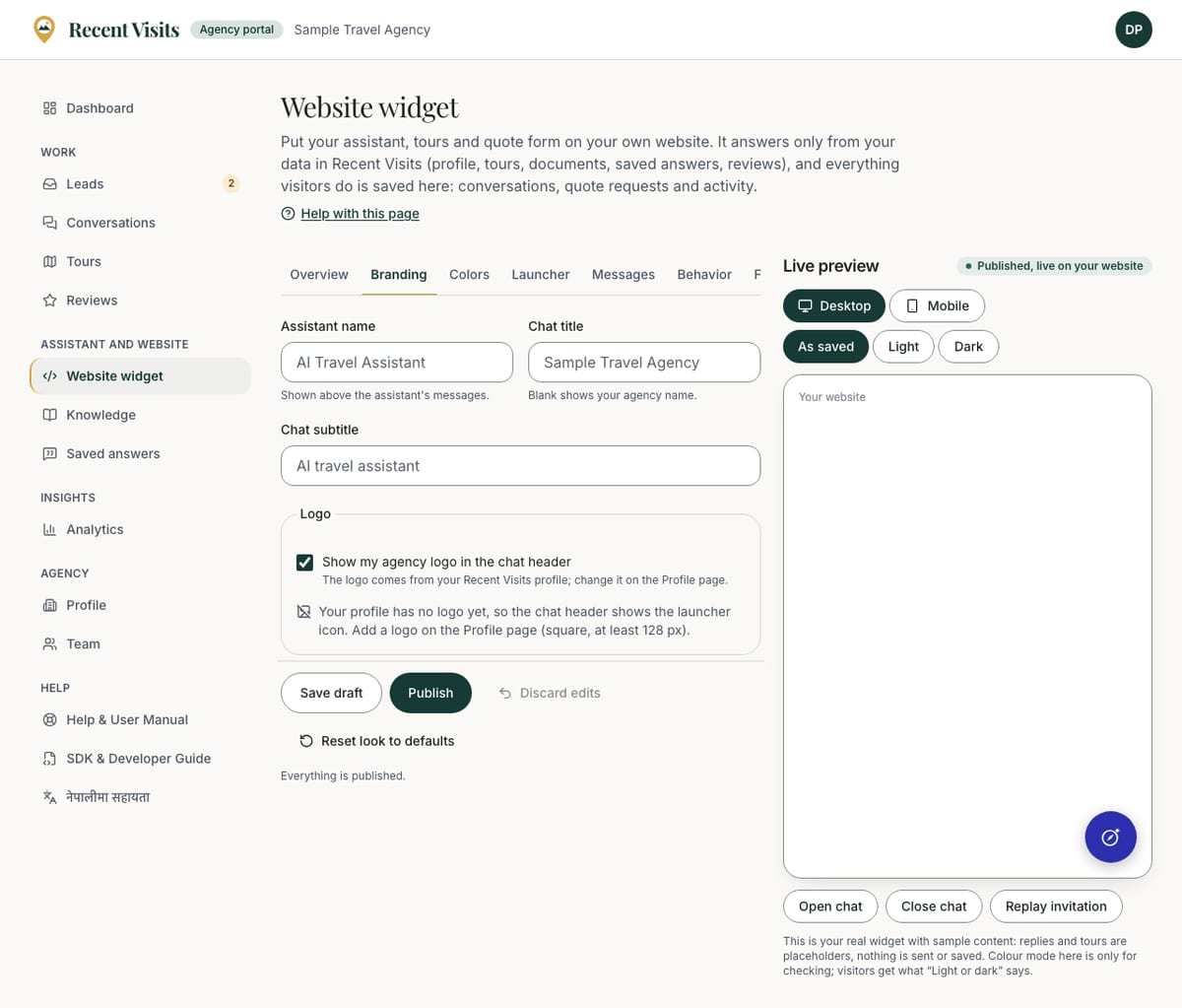 The Branding tab of Widget Studio with its fields on the left and the live preview on the right.
