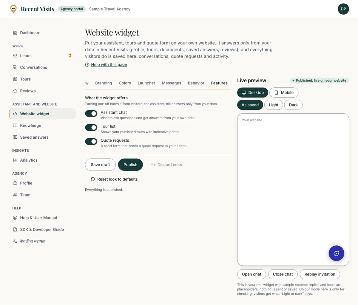 The Features tab of Widget Studio with its fields on the left and the live preview on the right.