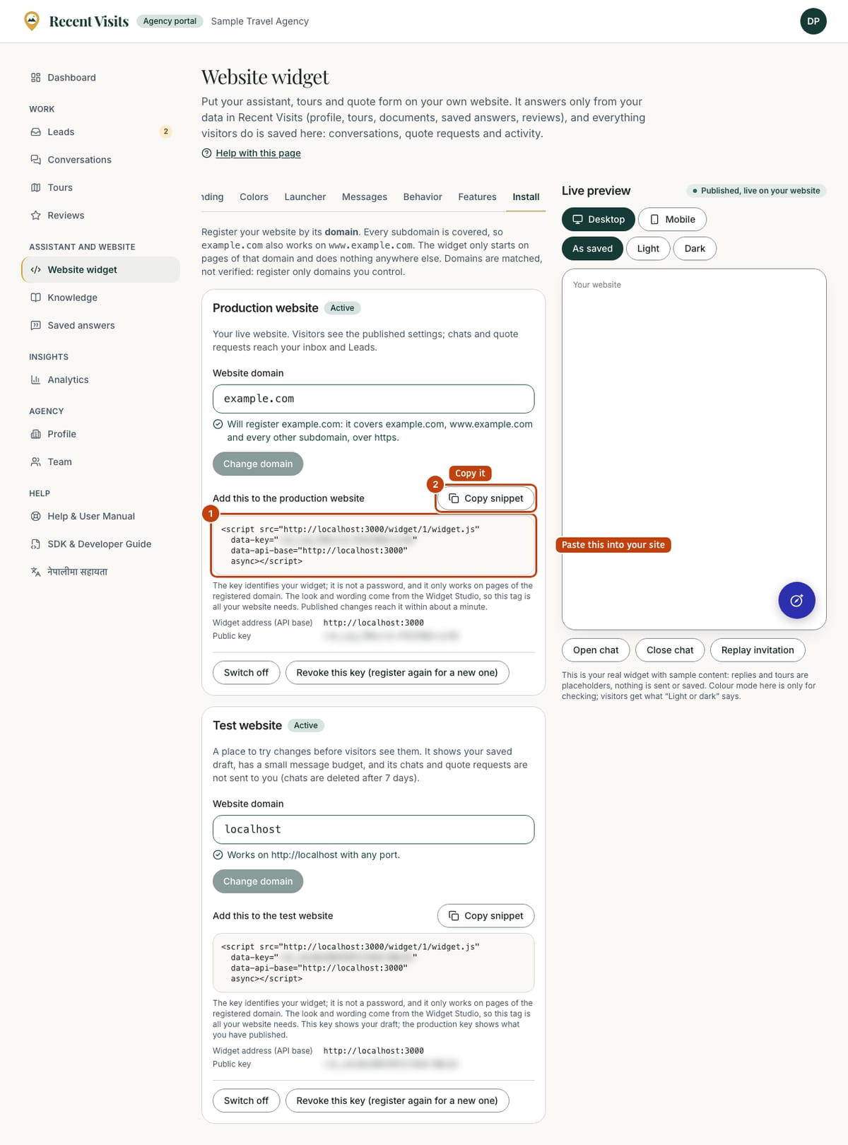 The Install tab of the widget studio showing the embed snippet with the public key blurred, and a Copy snippet button.