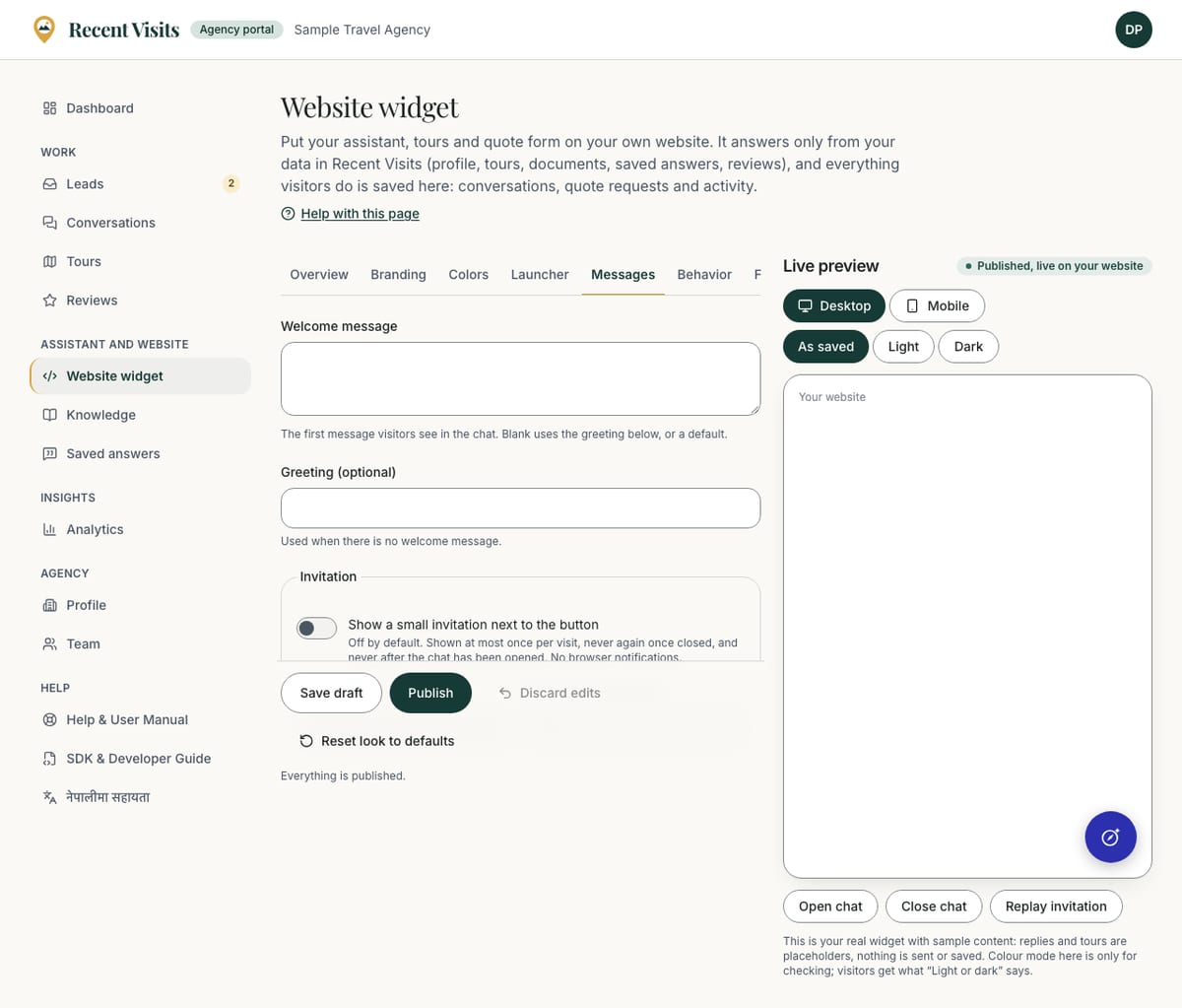 The Messages tab of Widget Studio with its fields on the left and the live preview on the right.