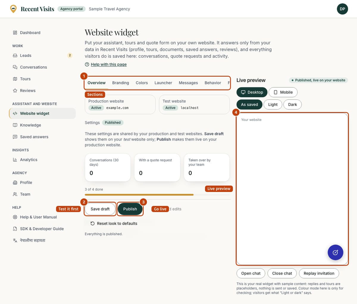 The Website widget page in the agency portal: the section tabs, the Save draft and Publish buttons and the live preview of the real widget.