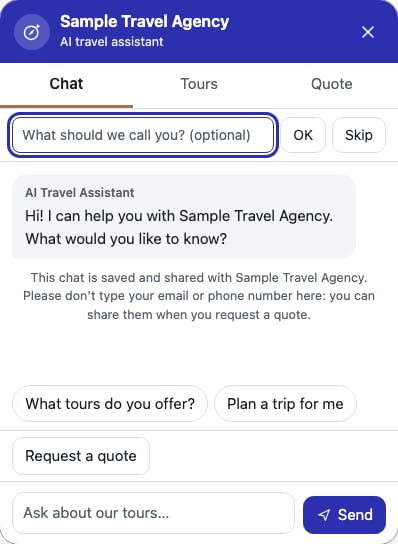 The real widget chat panel, opened in the preview: header with the agency name, the Chat, Tours and Quote tabs, a welcome message and suggested questions.