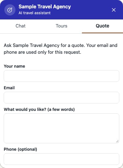 The Quote tab of the widget in the preview: the quote request form a visitor fills in, with the agreement checkbox in the theme colour.