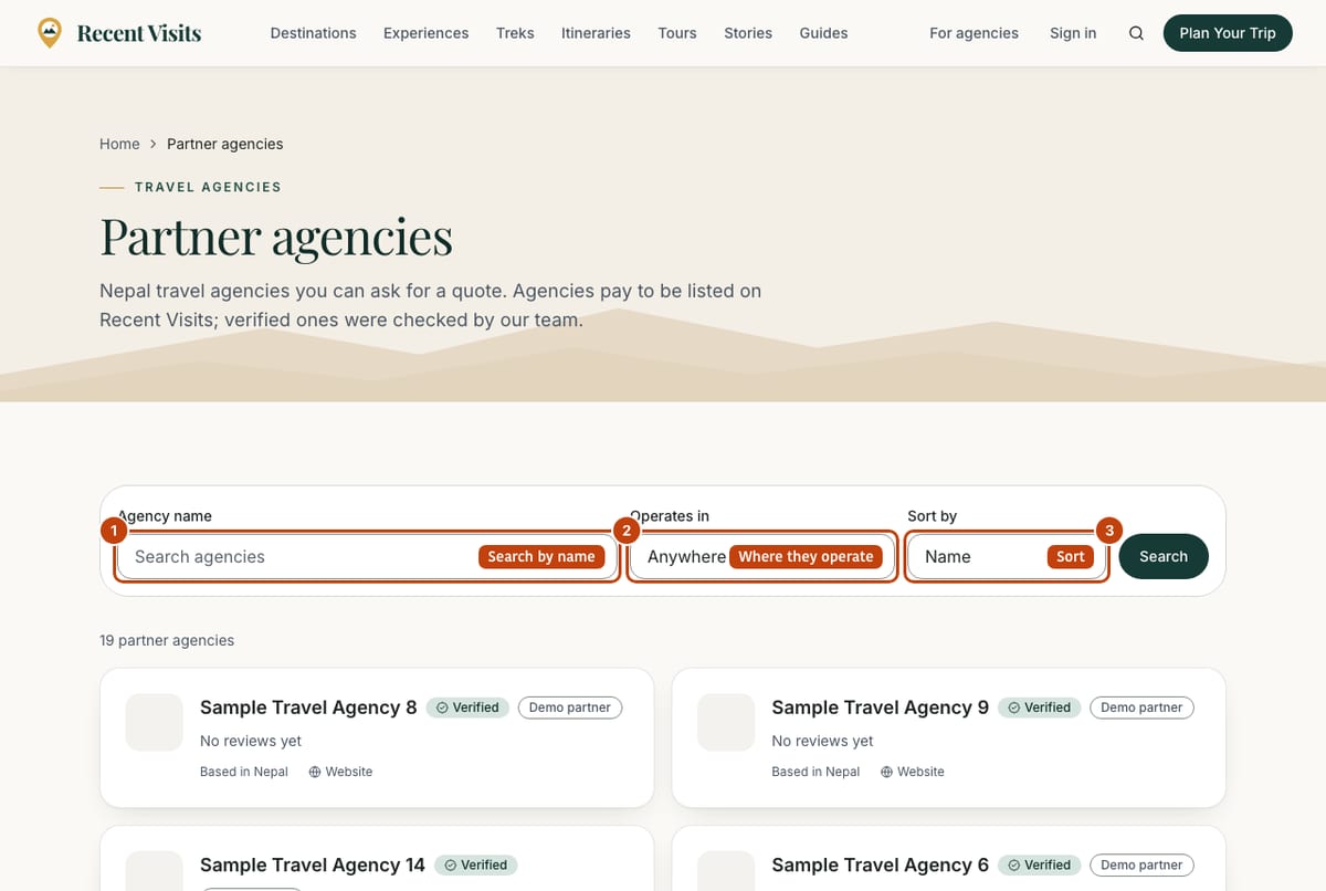 The Partner agencies page with its search box, the filter for where an agency operates and the sort menu numbered.