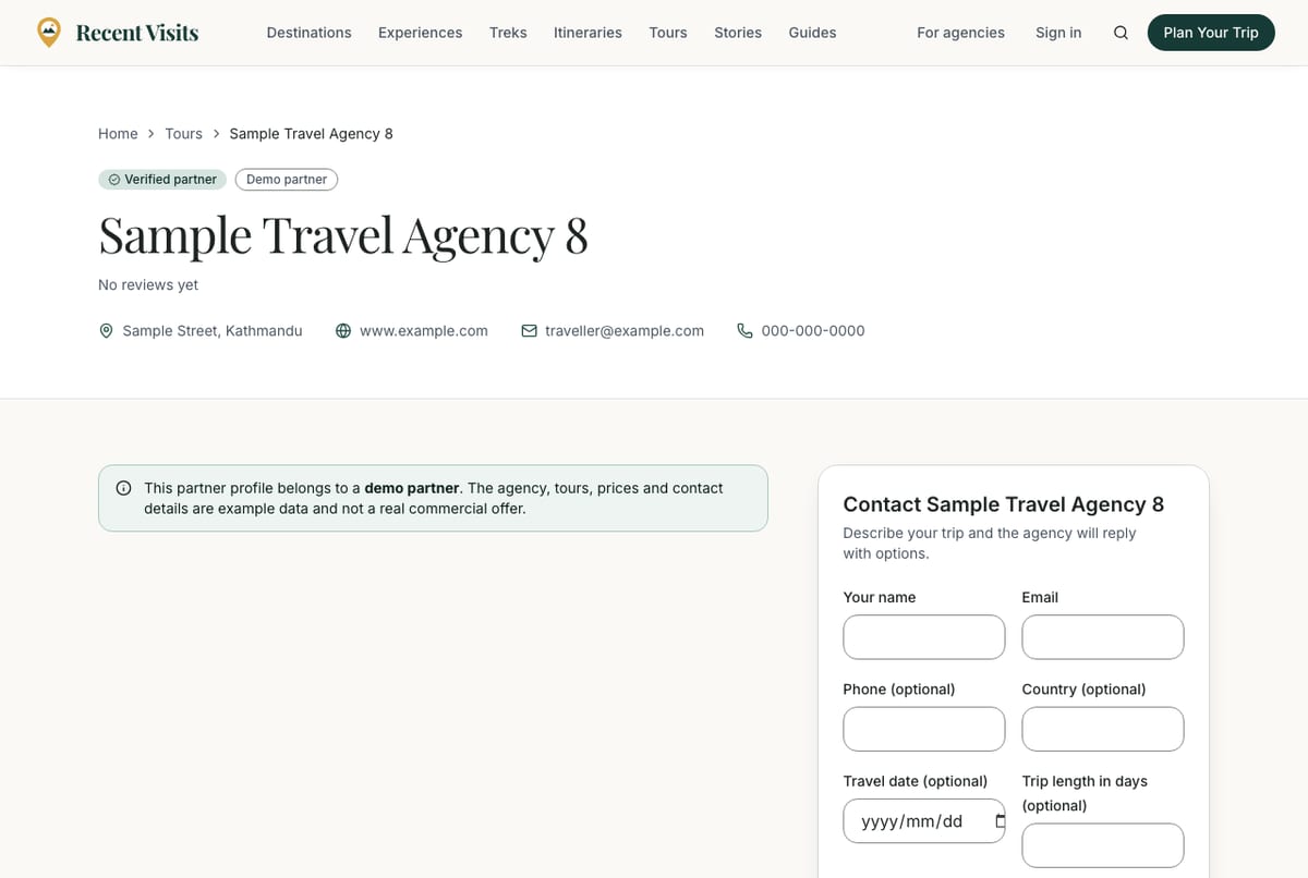 An agency page showing the agency name, its tours, traveller reviews and the contact form.