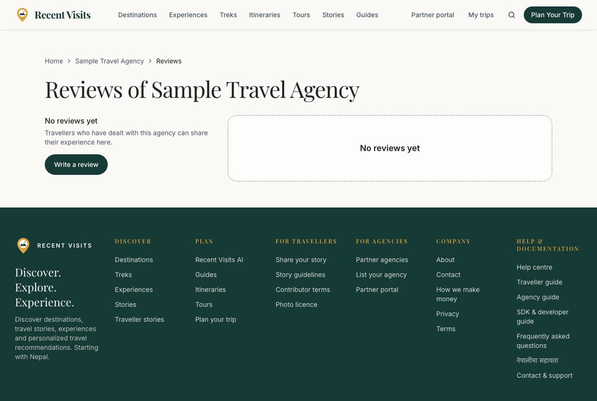 An agency's reviews page with no reviews yet: a Write a review button and an empty-state message.