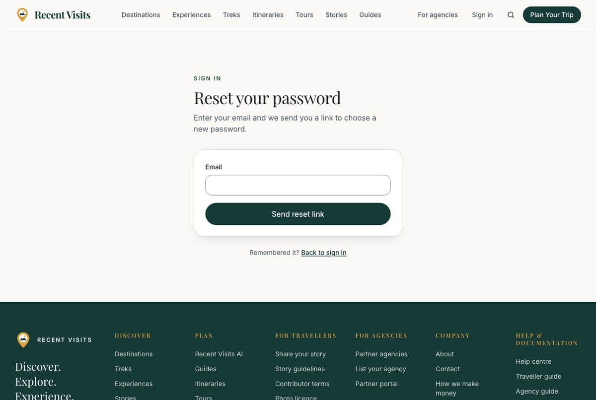 The forgot password page with one Email field and a button to send a reset link.