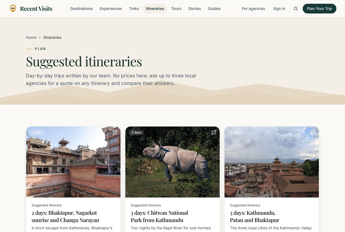 The itineraries list: a grid of day-by-day trip plans.