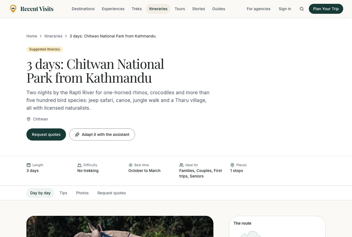A three-day itinerary for Chitwan National Park, written by the Recent Visits team, with its day-by-day plan.