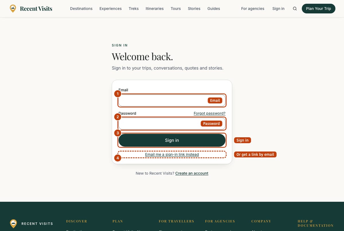 The sign-in page with the email box, the password box, the Sign in button and the option to get a sign-in link by email.