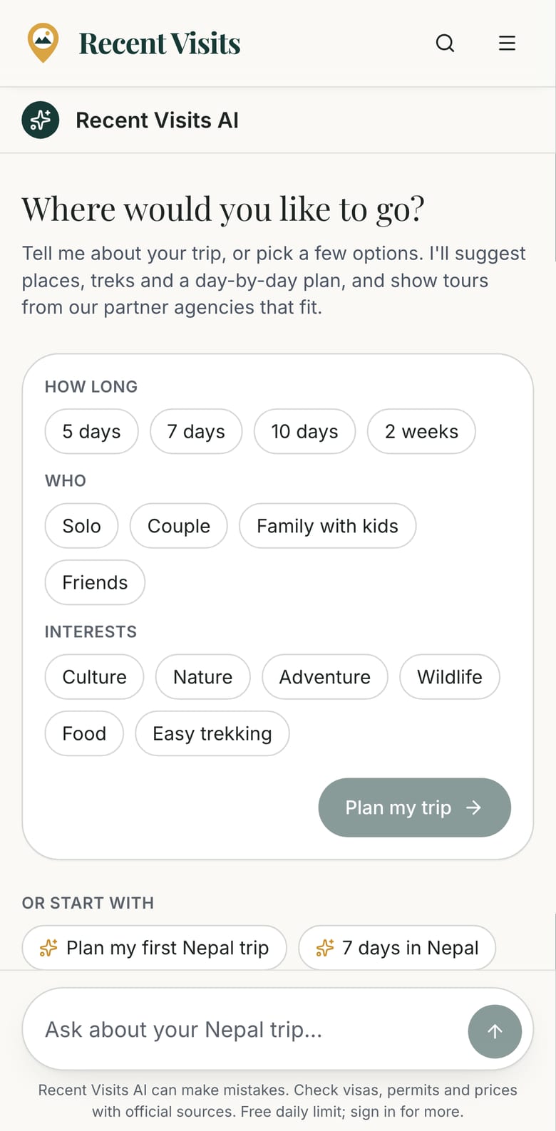 The Recent Visits AI start screen on a phone, with the trip options stacked in one column.