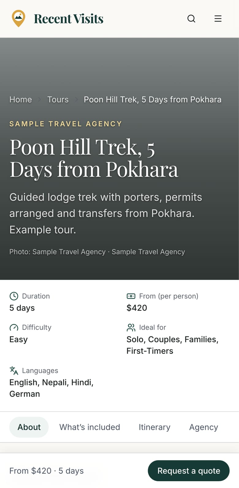 A tour page on a phone, with the tour title and a button bar at the bottom of the screen.