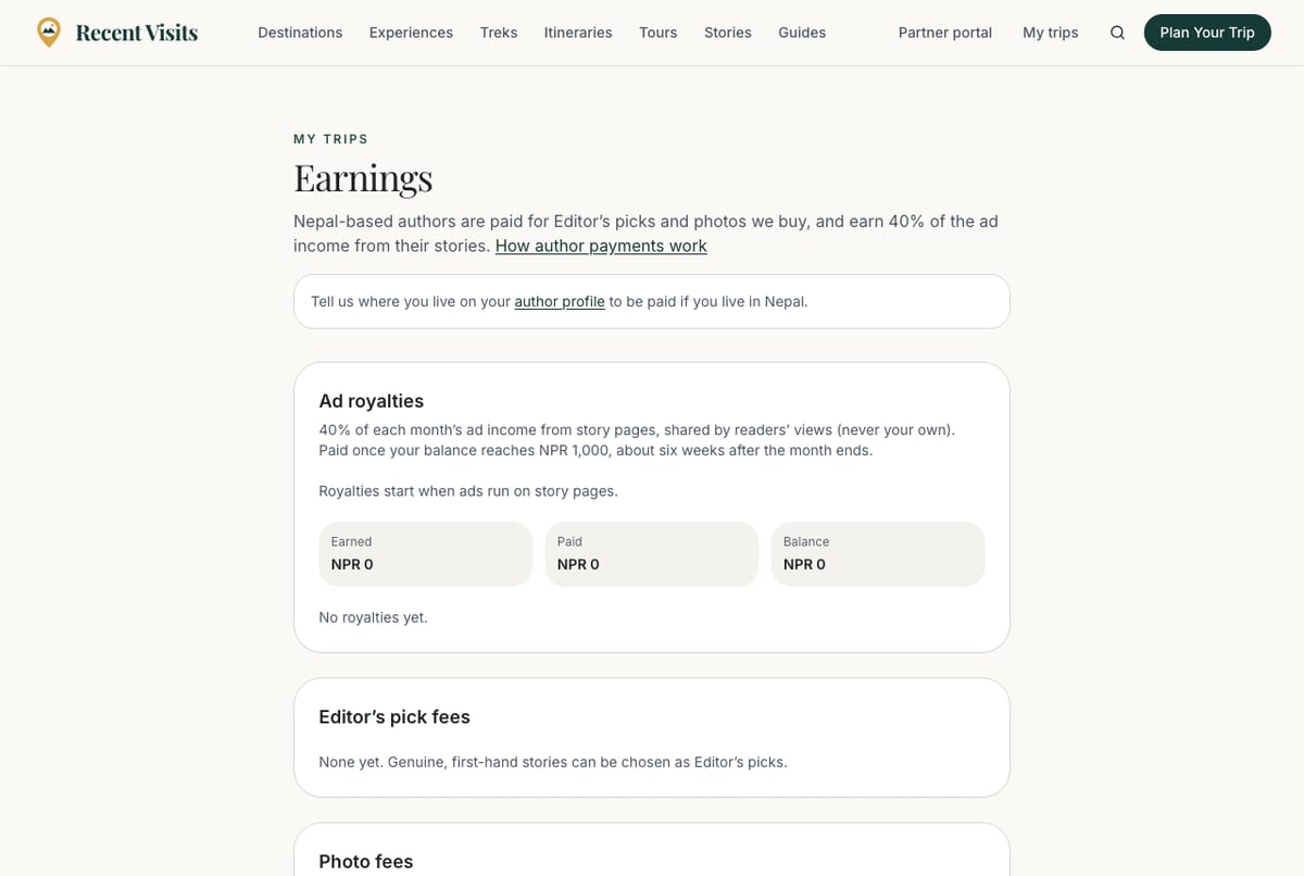The Earnings page showing story fees and royalty lines for your stories.