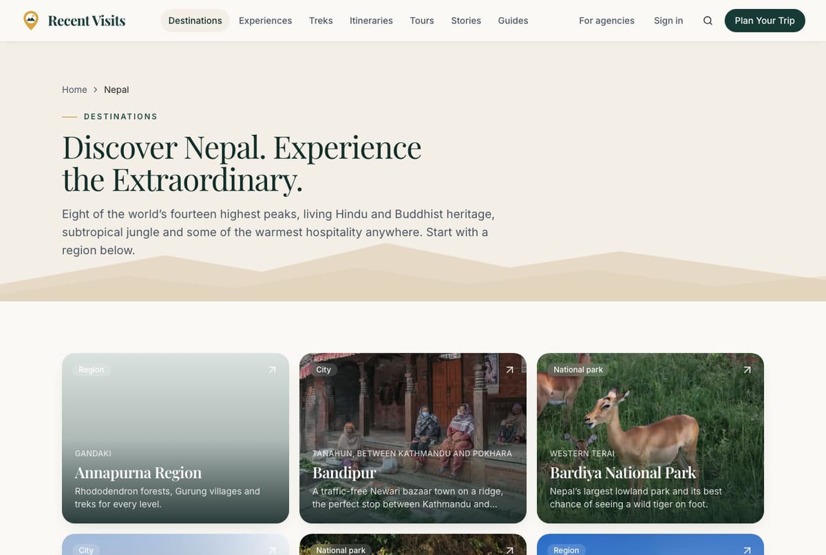 The Nepal country page: a large introduction, then lists of destinations, treks and tours.