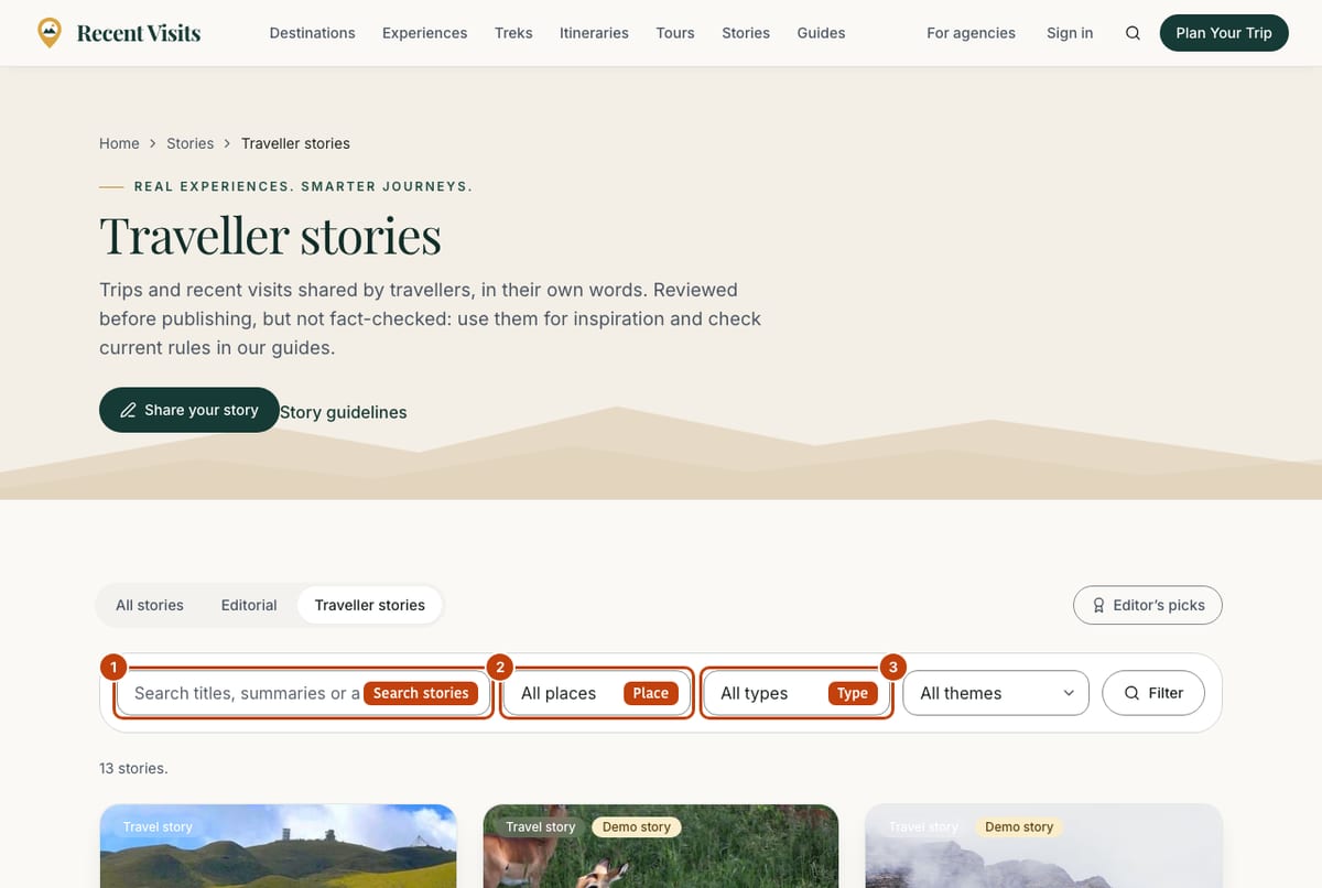 The traveller stories page with a search box and filters for place, type and theme.