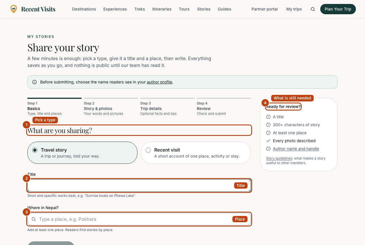 The first step of the story writer: choosing a type, then a title and a place, with a checklist on the right.