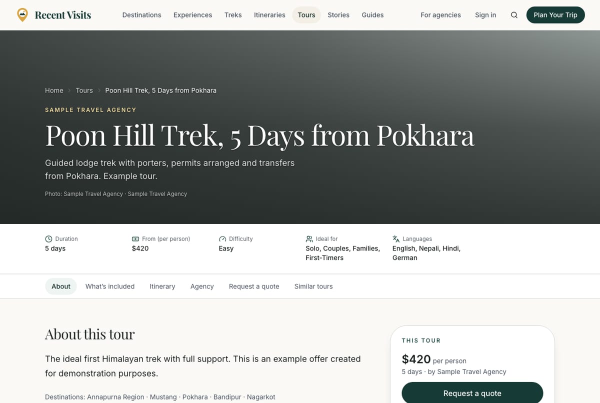 A tour page: the tour name, photos and the details of the trip. The Request a quote section is further down the page.