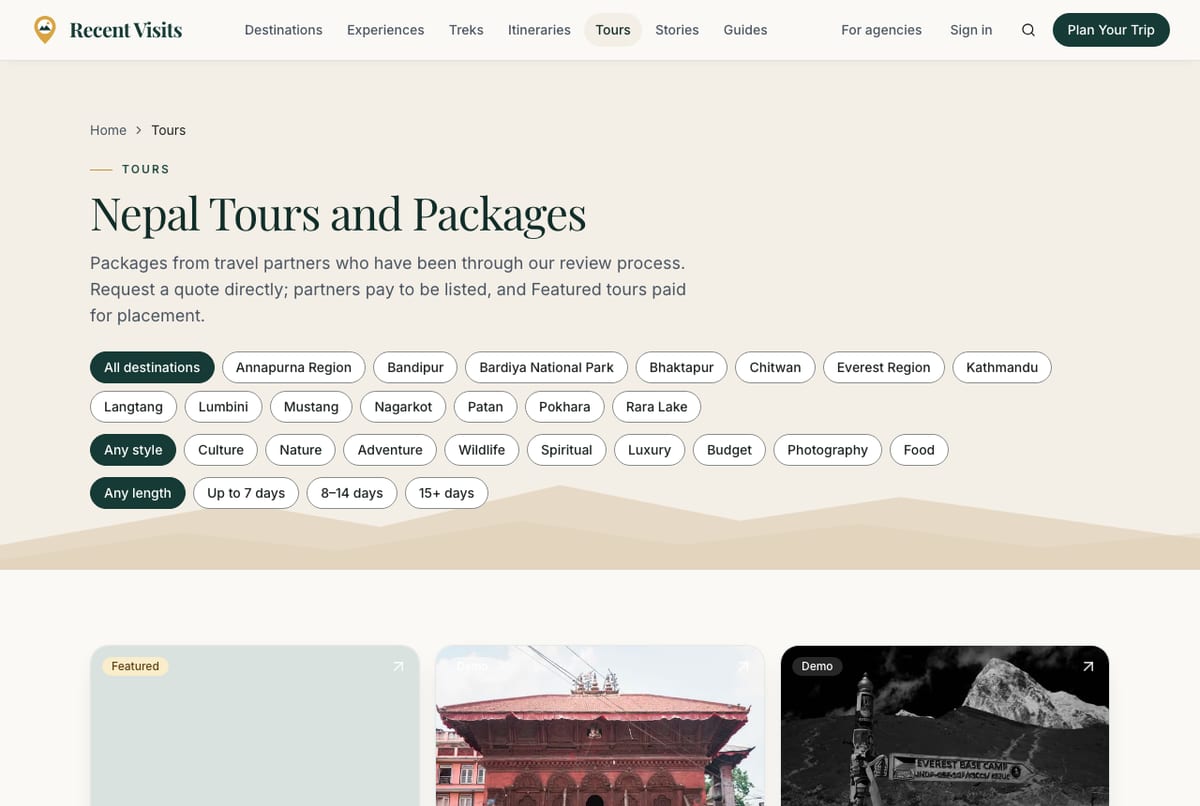The tours list with its filters at the top and a grid of tour cards below.